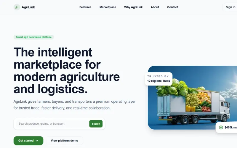AgriLink homepage with the headline “The intelligent marketplace for modern agriculture and logistics”, a produce search bar, and a delivery truck loaded with fresh vegetables