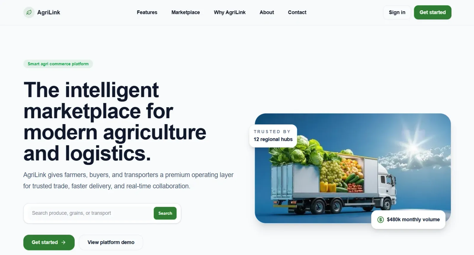 AgriLink homepage with the headline “The intelligent marketplace for modern agriculture and logistics”, a produce search bar, and a delivery truck loaded with fresh vegetables
