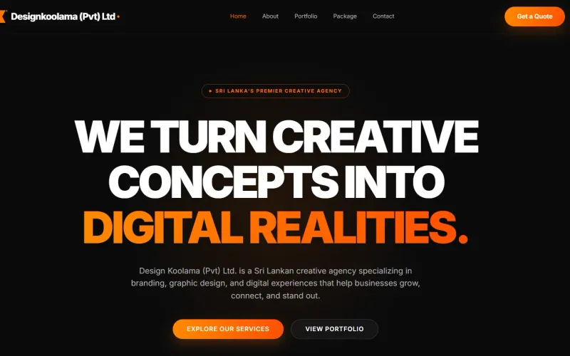 Designkoolama.lk homepage in dark mode, with the headline “We turn creative concepts into digital realities” and buttons to explore services or view the portfolio