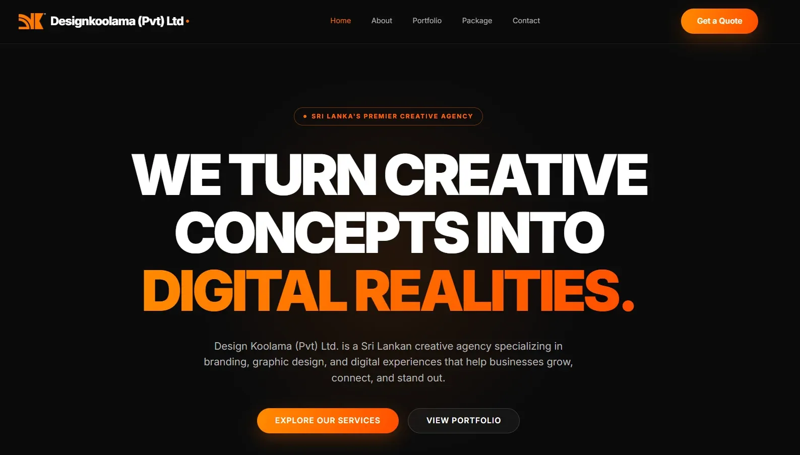 Designkoolama.lk homepage in dark mode, with the headline “We turn creative concepts into digital realities” and buttons to explore services or view the portfolio