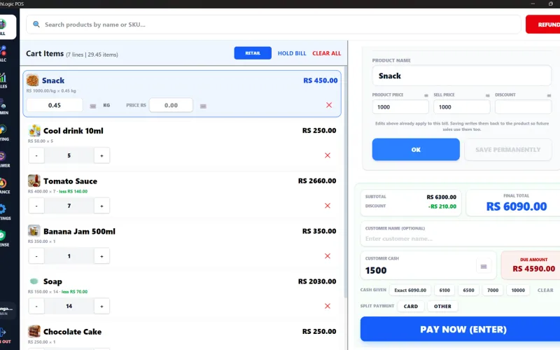 MuchLogic POS till screen showing a bill with items, quantities, discounts and payment options