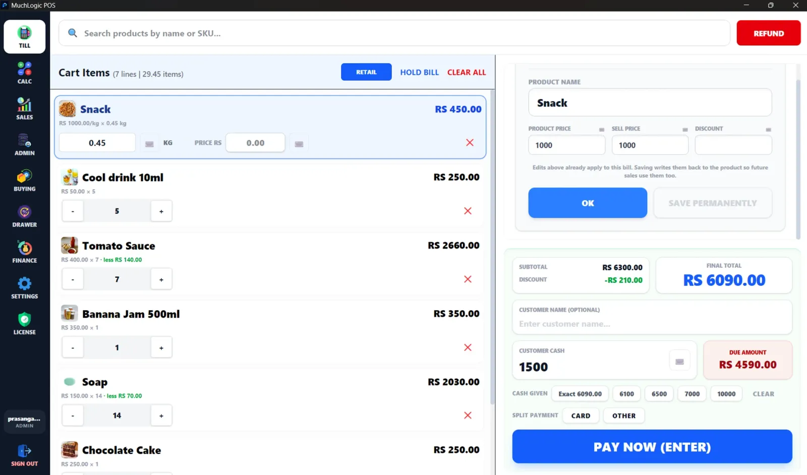 MuchLogic POS till screen showing a bill with items, quantities, discounts and payment options